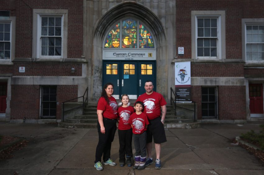 The Judge family - Shannon and Neal with Raven, 9 and Rayne, 8, - are shown outside the First Nations School of Toronto, which opened in its new location this month. 