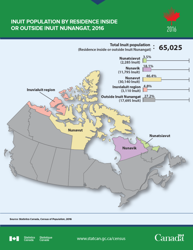 Thumbnail for map 1: Inuit population by residence inside or outside Inuit Nunangat, 2016