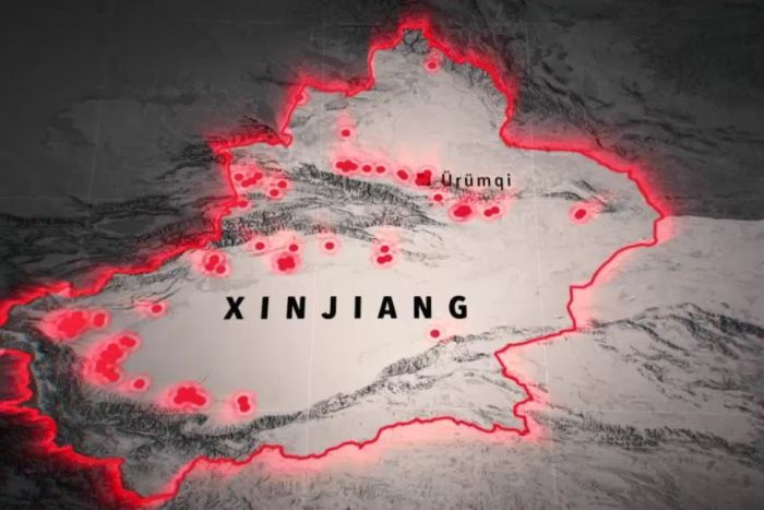 Red dots indicate the suspected locations of 're-education' camps across Xinjiang province as mapped by researchers.
