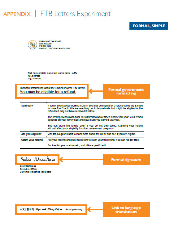 An example of a letter sent in the EITC experiment