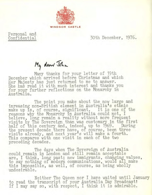 Sir Martin replied that the 'increasing non-British element in Australia’s ethnic make up' had 'significant ramifications for the monarchy
