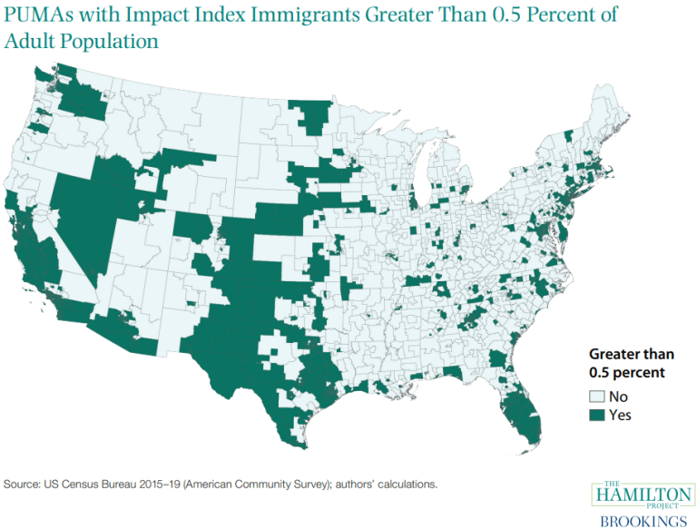 Figure showing PUMAs with Impact Immigration Immigrants Greater than 0.5% of Population